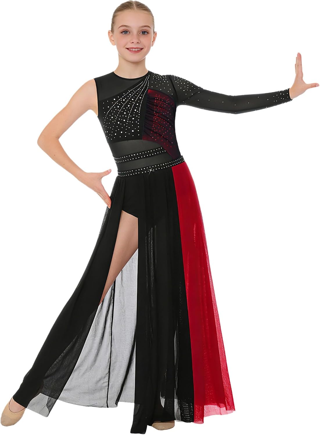 Girls Color Block Lyrical Dress Single Long Sleeve Rhinestone Contemporary Dance Performance Dress