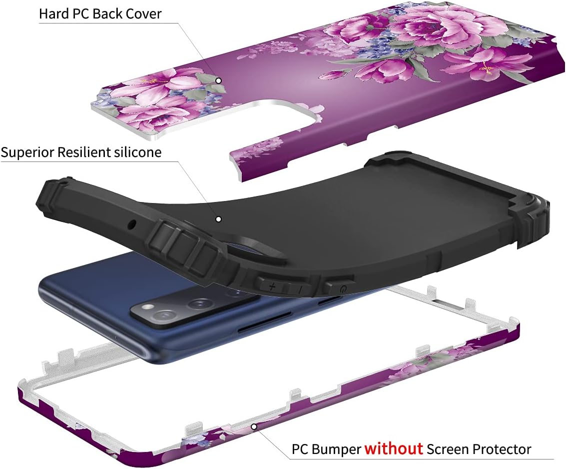 LONTECT for Galaxy S20 FE 5G Case Floral Shockproof Heavy Duty 3 in 1 Hybrid Sturdy Rugged Durable Protective Cover Girls Women Case for Samsung Galaxy S20 FE 5G 6.5 inch,Purple Flower/Black