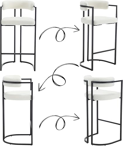 Miniatura 6 de 30Inch Sherpa Bar Stools Set of 2, Modern White Barrel Bar Stools with Comfy Back, Upholstered High Dining Chairs with Black Leg Boucle Kitchen Bar