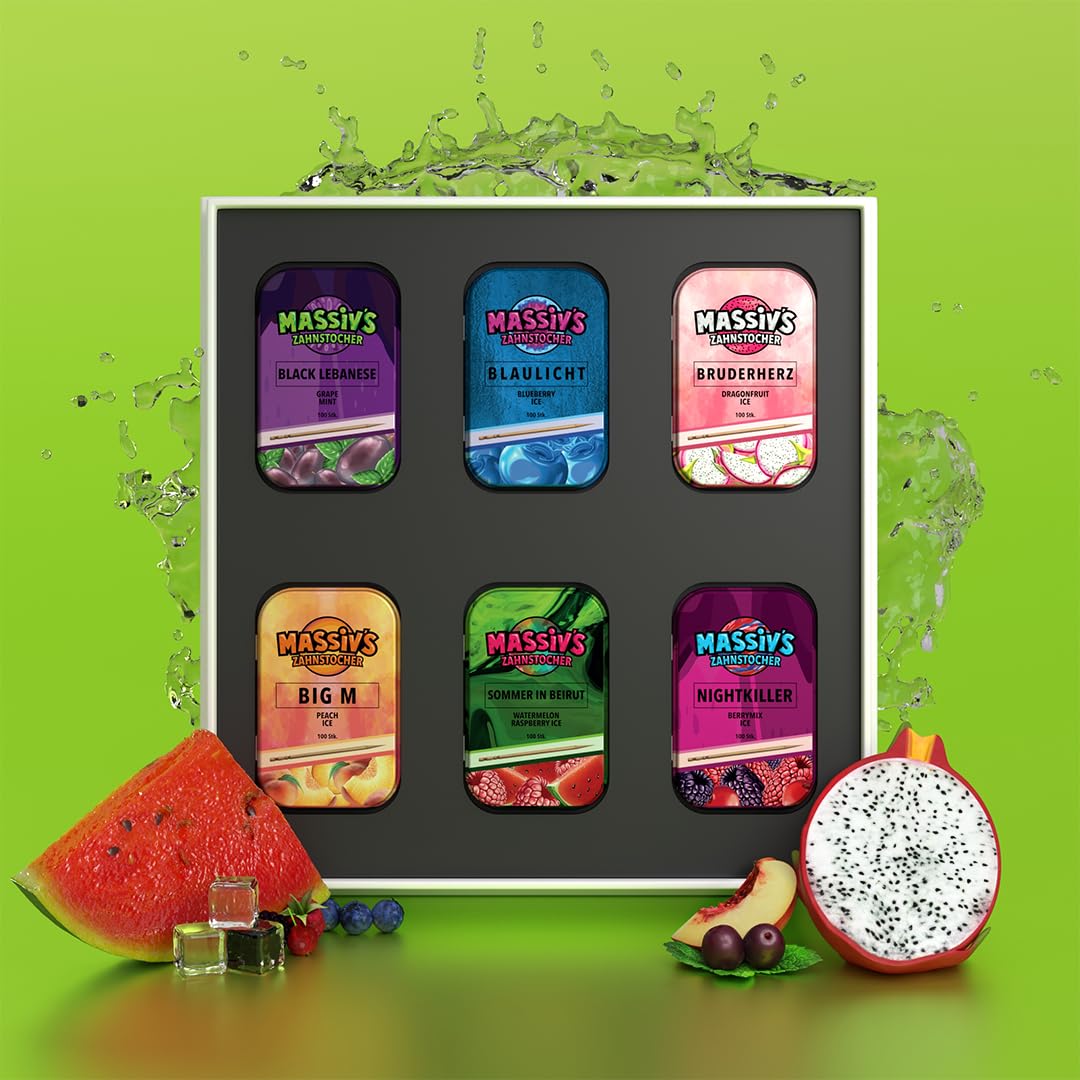 Massiv's Zahnstocher - Zahnstocher mit Geschmack – 6er Set in Geschenkbox | aromatisierte Zahnstocher mit Fruchtgeschmack – vegan, zuckerfrei – Limited Edition by Rapper Massiv