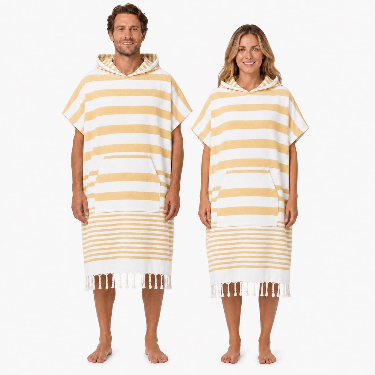 Weave Essentials Hamam Poncho Towel – Hooded Changing Robe with Pocket, 100% Cotton Turkish Style Fringed Beach Poncho, Quick Dry & Lightweight, 150x90cm (Soft Yellow)