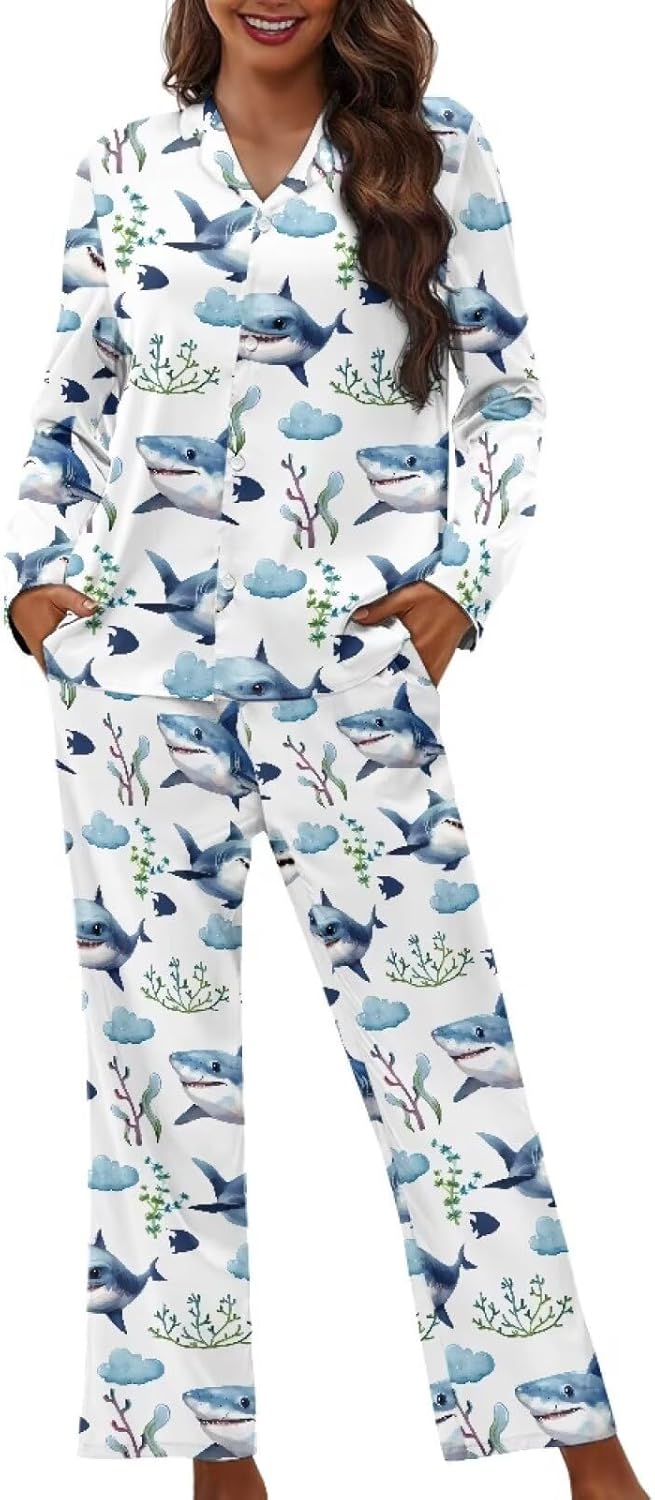 Soft Pajama Set For Women 2 Piece Lounge Set Button Down Long Sleeve Sleepwear