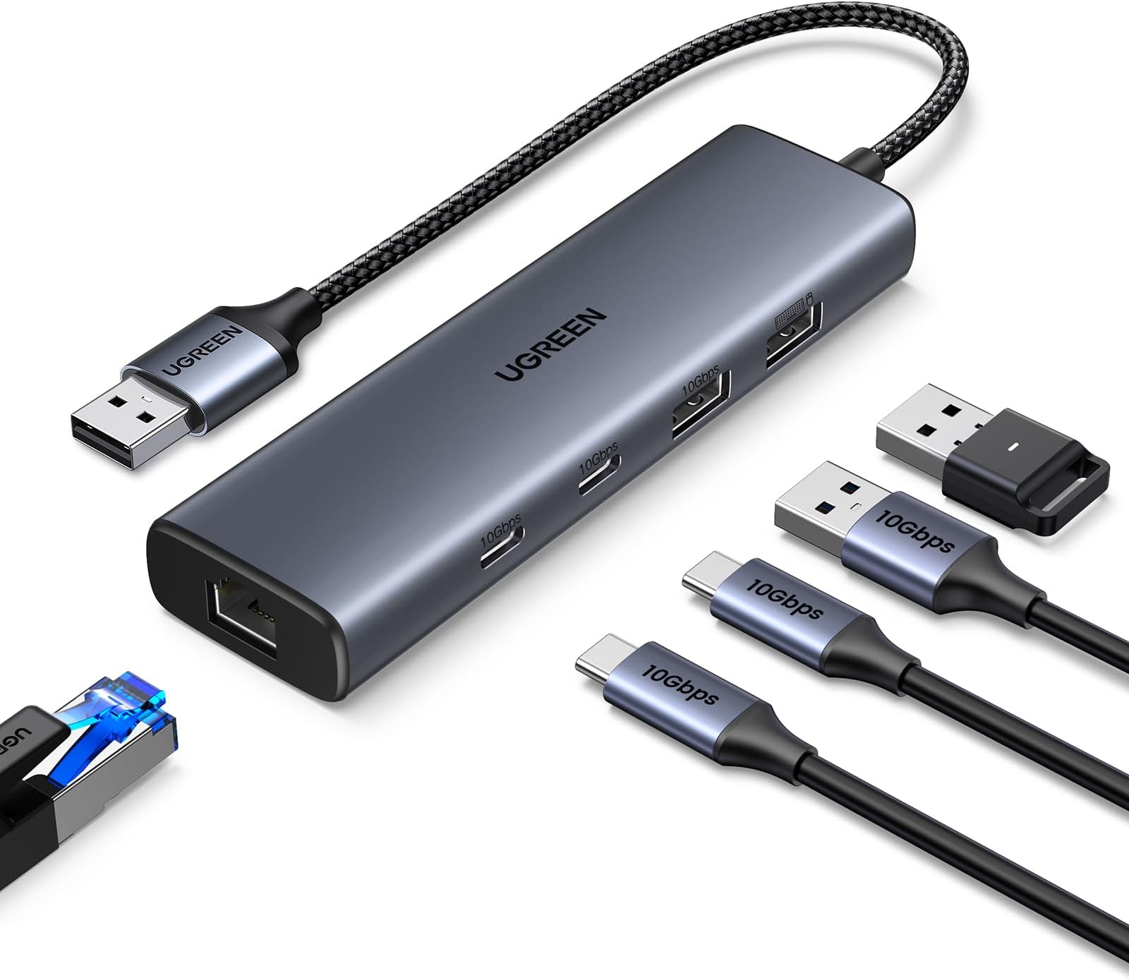 UGREEN USB A Wired LAN Adapter 6-in-1 LAN Hub with LAN Port RJ45 Gigabit Ethernet 10Gbps Super High-Speed Transfer USB-C 3.2*2+USB A*2 USB-C Port Expansion Compatible with Surface/XPS/Mac OS/Windows