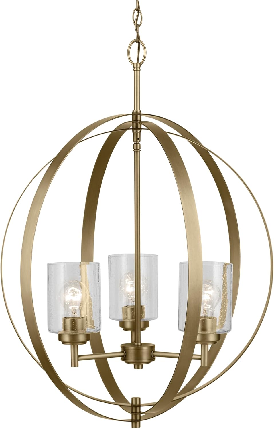 KICHLER Winslow 24.5" 3-Light Orb Chandelier with Clear Seeded Glass in Natural Brass for Kitchen, Bar, Dining Nooks, Small Entryways, Luxe Industrial, (30.75"x 24.5"), 44034NBR