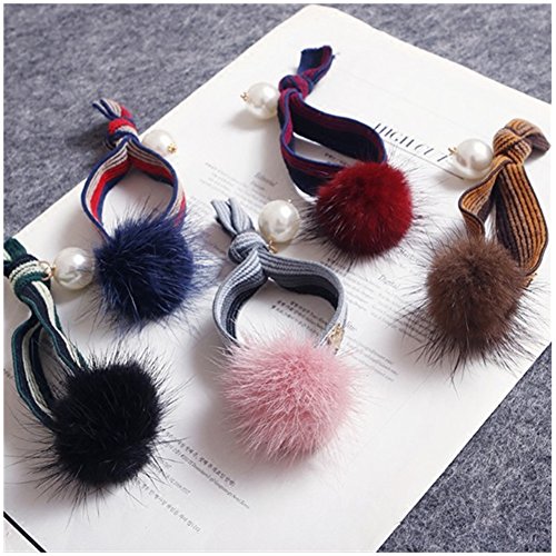 Ruihfas 6Pcs Fashion Women Elastic Pompom Hair Ties Band Wide Stripes Faux Rabbit Fur Ball Pearls Hair Ropes Scrunchie Ponytail Holder
