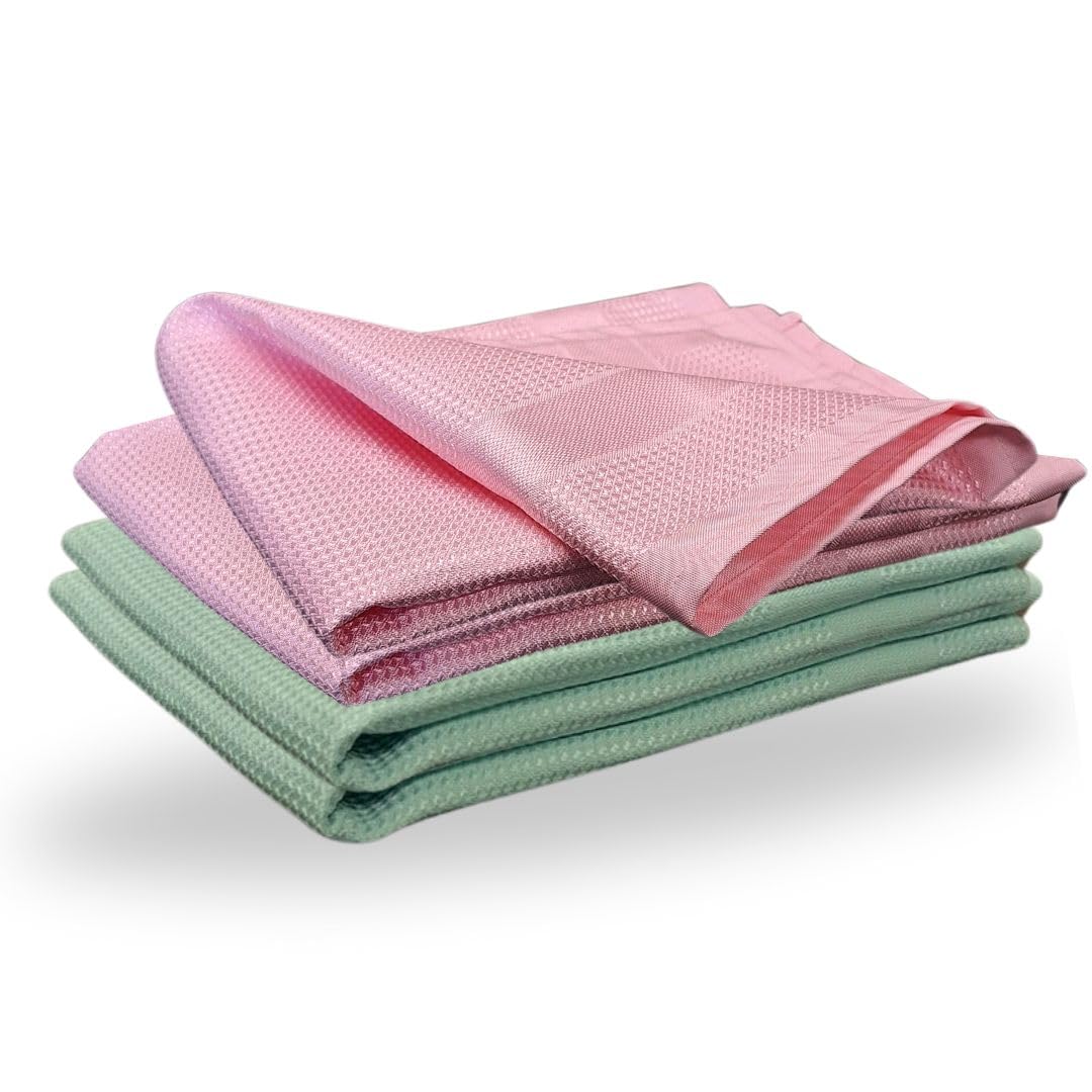 Orvarto Green & Pink X Microfibre Tea Towel Glass Cloths, 63X24cm. Lint Free And Ultra Fine Cleaning Cloths For Kitchen And Household Use. Size 4