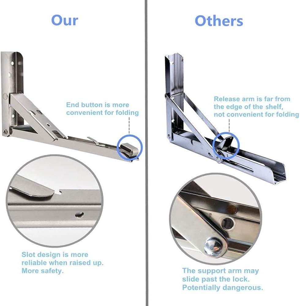 Zanotva 2Pcs Wall Mounted-90° Hinge Wall Mounted,304 Stainless Steel Folding Shelf Brackets,Triangle Brackets for Table Work Bench, 440 lb / 200KG with Screw(A,10inch)