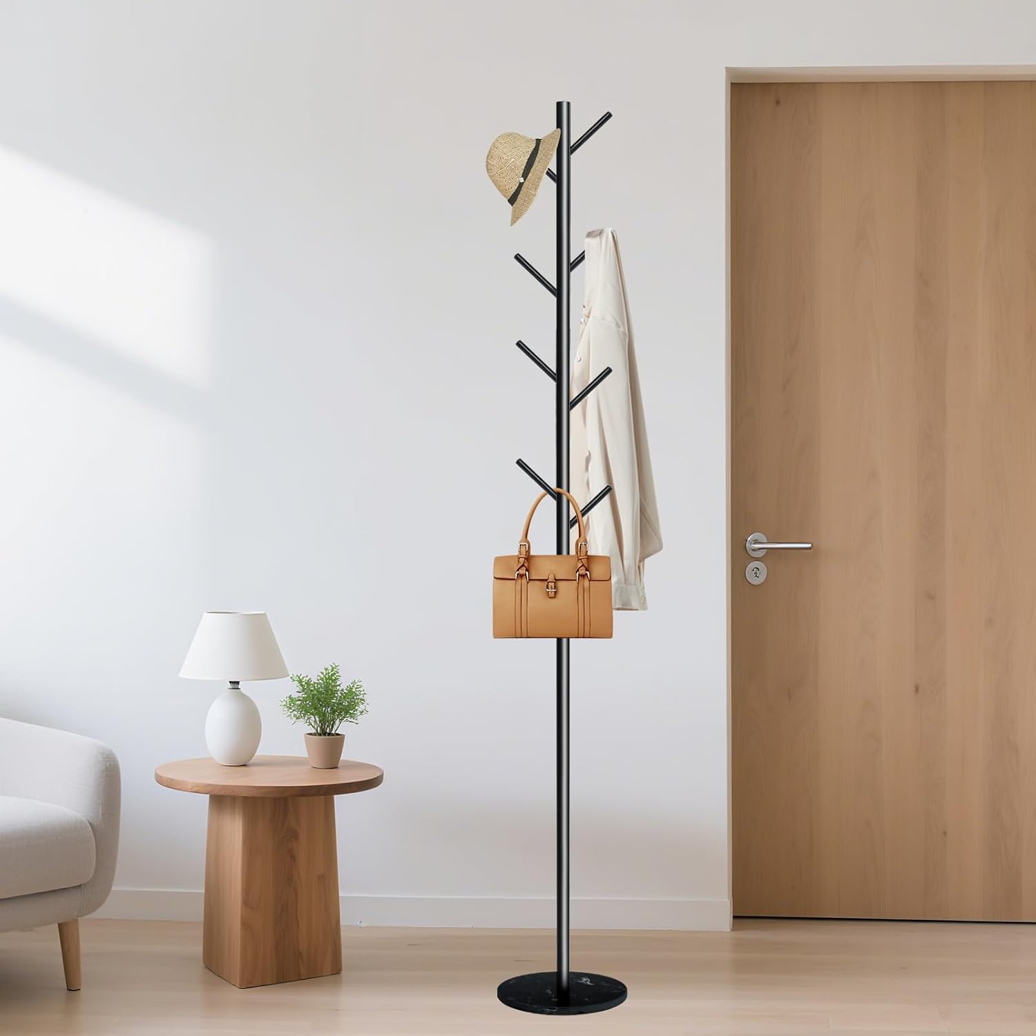 coat rack with natural marble base, metal freestanding coat rack with 8 hooks, heavy duty coat hanger stand for jacket,coats,hats,scarves & handbags for bedroom, hallway, entrance,office,dorm (black)