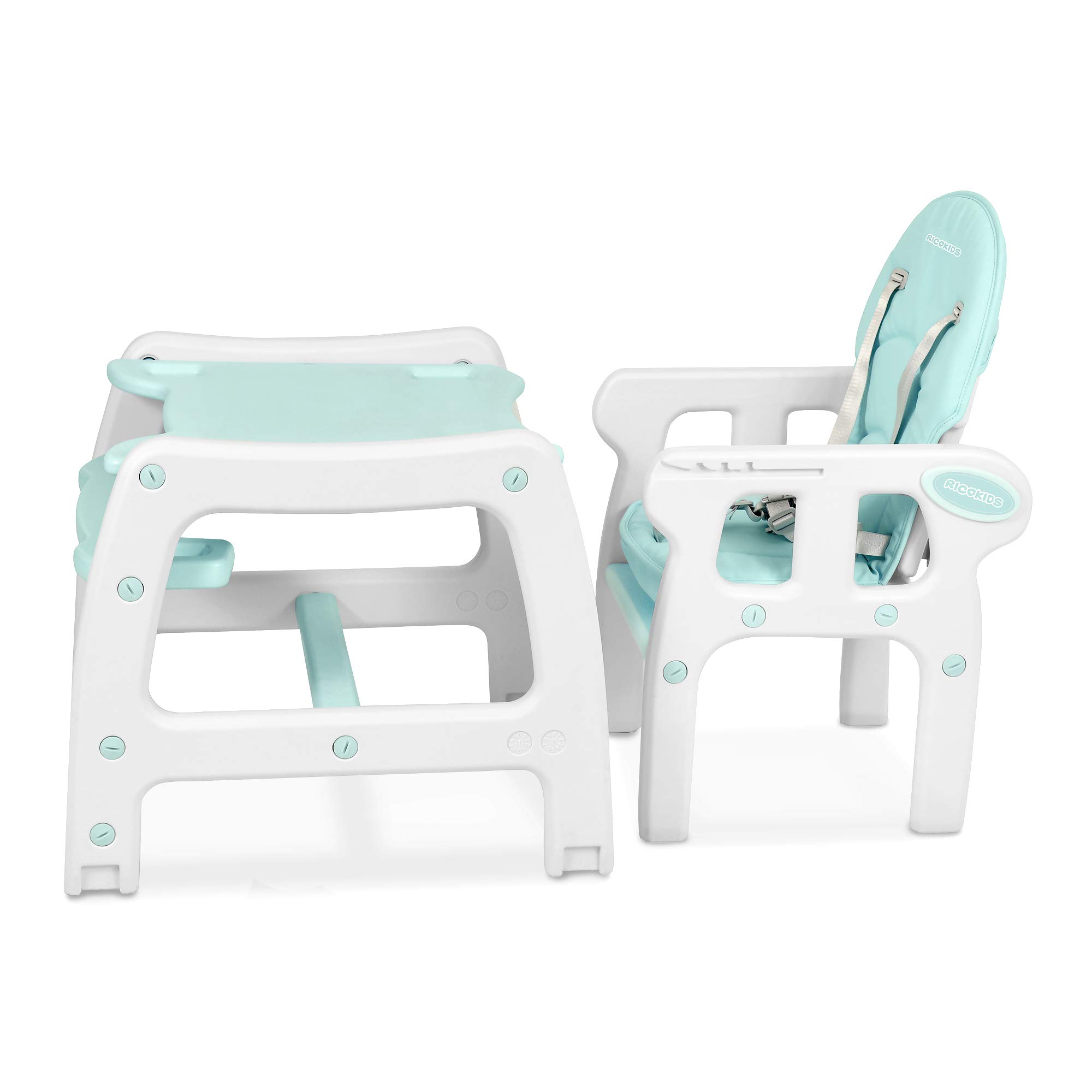 Ricokids Sinco - Trona infantil para bebé que crece, trona multifunción 5 en 1, mesa + silla de bebé regulable, función de balancín, inclinación regulable en 3 posiciones del respaldo, color turquesa