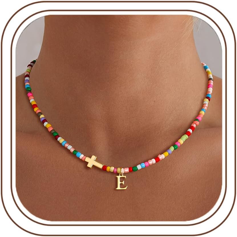Turandoss Colorful Cross Initial Necklaces for Girls Women, Birthday Gifts | Initial Cross Necklaces, Colorful Beaded Necklace, Adjustable Initial Necklace, Girls Jewelry, Baptism Gifts, Christian Gifts