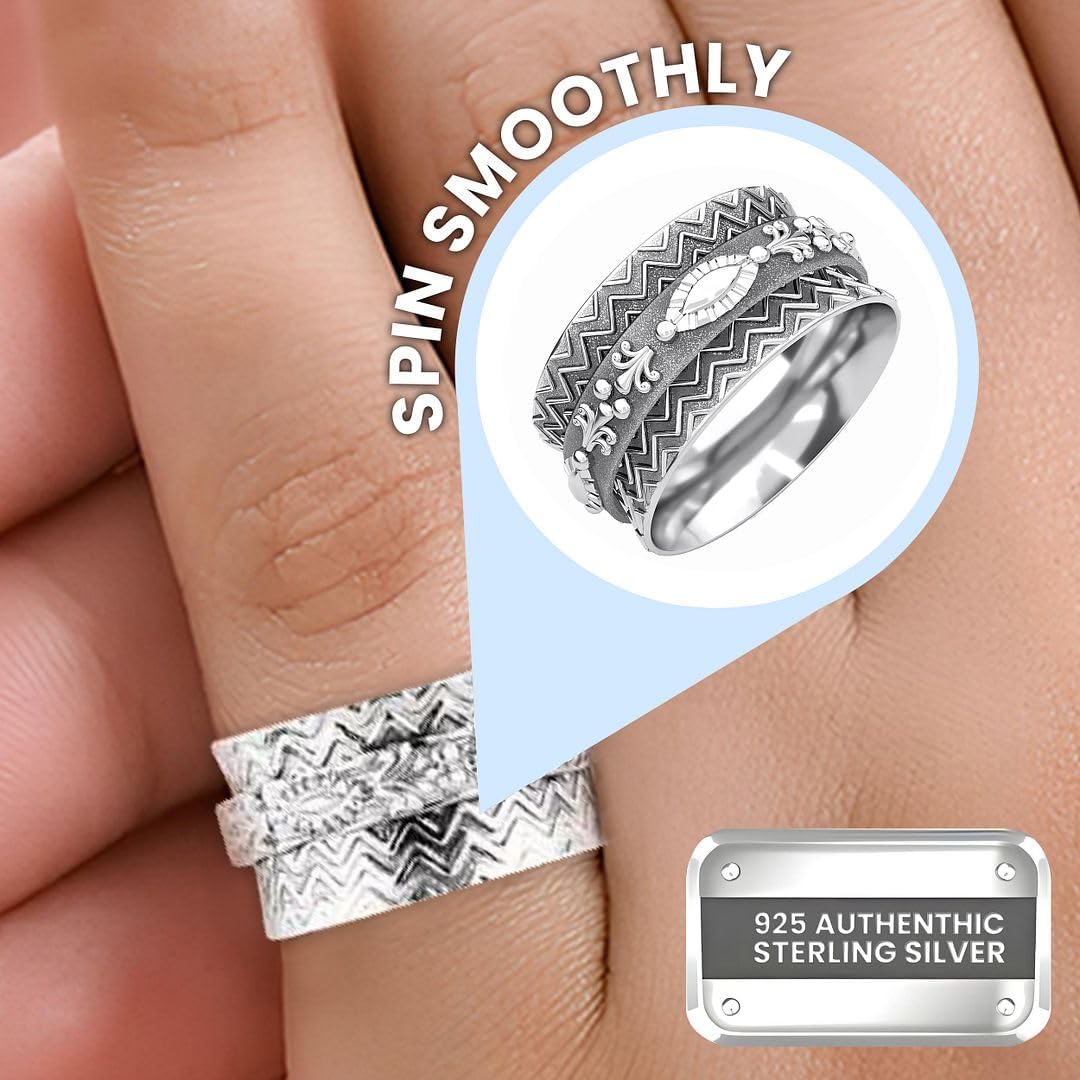 Fidget Ring Women - Anxiety Rings for Women in 925 Sterling Silver - Floral Fashion Cute Spinner Summer Boho Jewelry - Oxidized Thumb Band Worry Stress Relief - Gifts for Womens