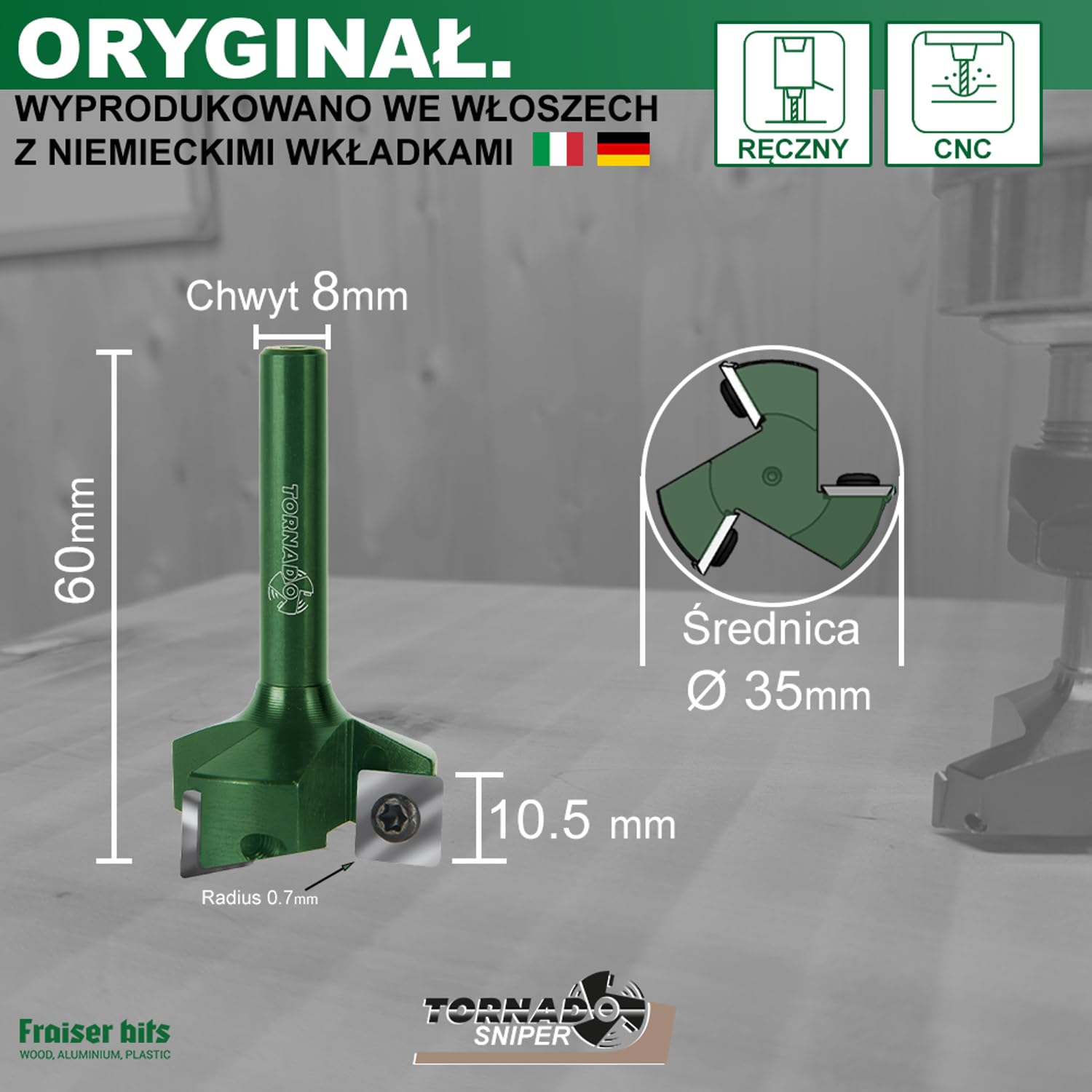 Fraiser Zestaw TORNADO SNIPER – frez do wyrównywania drewna, trzpień 8 mm, średnica 35 mm, z 10 zapasowymi płytkami, 3 śruby i klucz – do płaszczyzn, rowków i krawędzi, do frezarki górnowrzecionowej