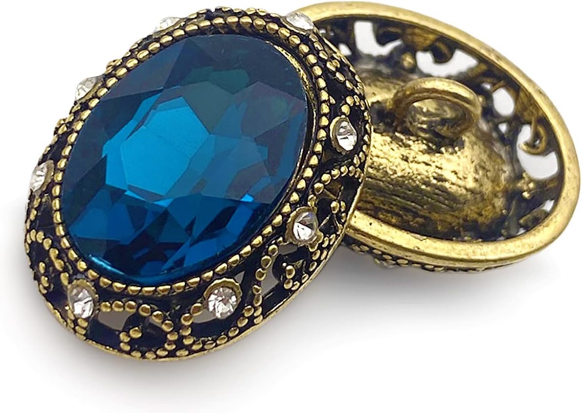 10 pcs Whole Oval Cut Blue Rhinestone Vintage Copper Hollow Metal Shank Sewing Coat Buttons -25mm -1"