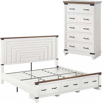AMERLIFE 2 Pieces Farmhouse Bedroom Set, Includes Wood Rustic King Size Bed Frame with 51" Tall Headboard, 48" Tall 5 Drawers Dresser Chest, Heavy Duty Thick Plank Styling, Antique White