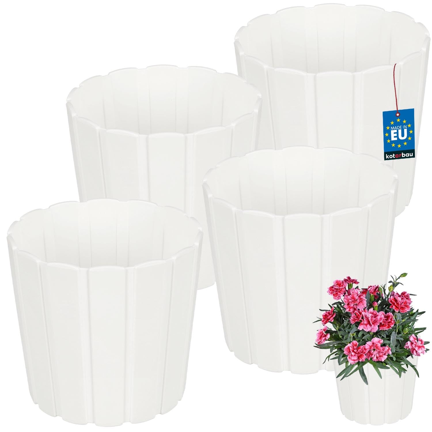 KOTARBAU Set of 4 Flower Pots - Planters - Diameter 15 cm Height 13 cm - White - Plastic - Plant Pot for Indoor Plants - Flower Pots - Large - Outdoor - Planter - Balcony - Decorative