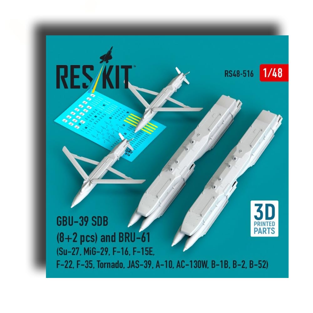 RS48-0516 1/48 Dummy 3D Printed/Resin GBU-39 SDB (8 pcs) and BRU-61 (2 pcs) (Su-27, MiG-29, F-16, F-15E, F-22, F-35, Tornado, JAS-39, A-10, AC-130W, B-1B, B-2, B-52) Scale Model/Replica R-ESKIT