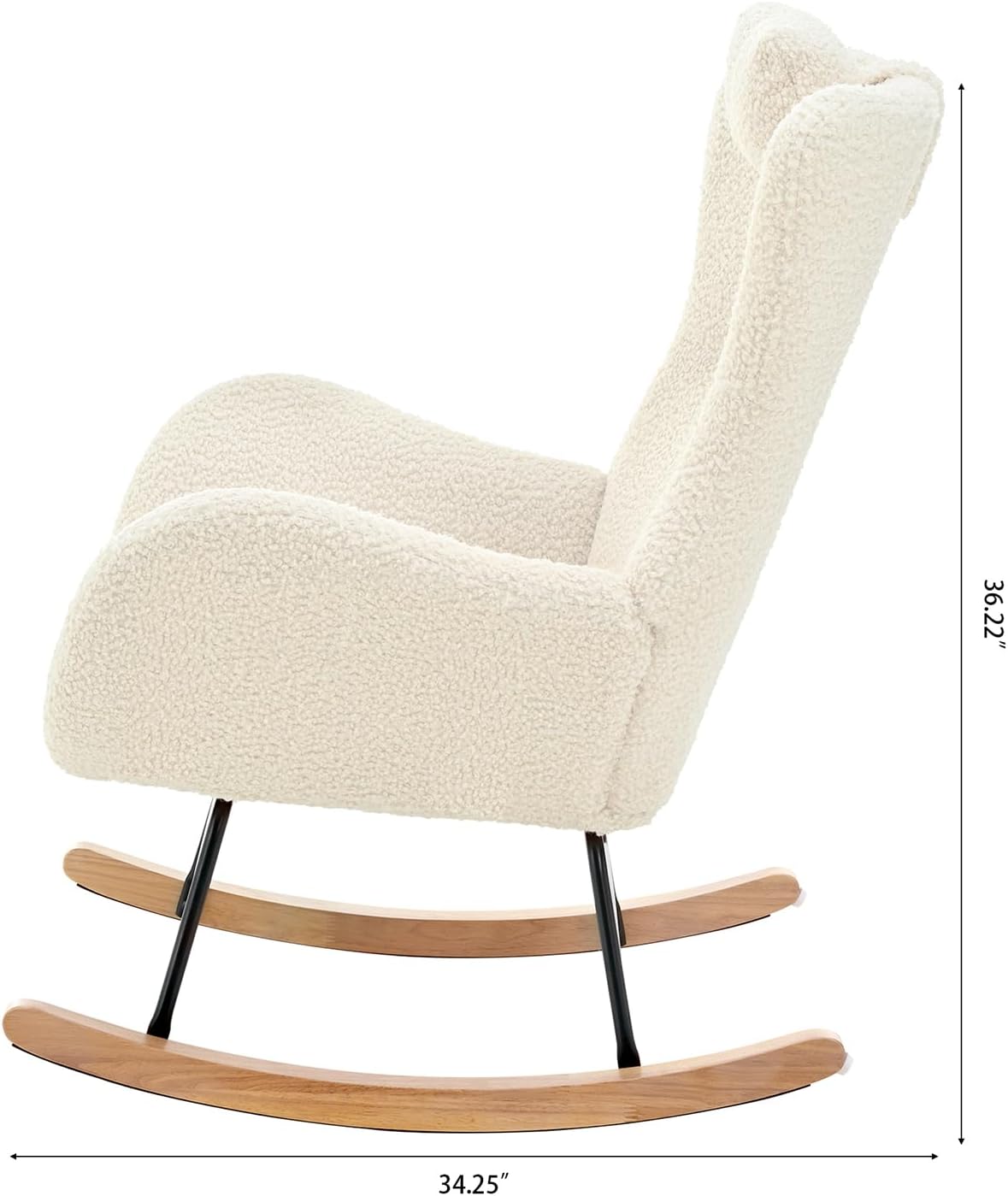 Rocking Chair Nursery, Teddy Upholstered Rocker Glider Chair with High Backrest, Adjustable Headrest & Pocket, Armchair for Nursery, Bedroom, Living Room, Offices, Rubber Wood, Beige