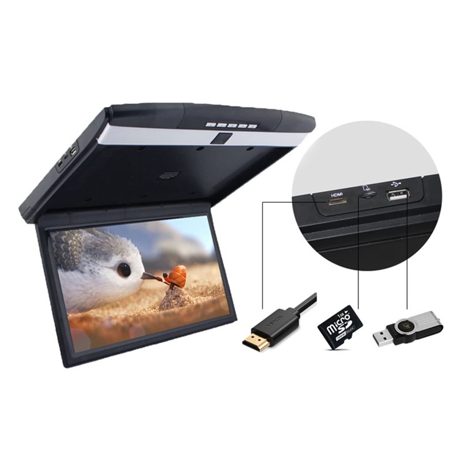 Monitor de Coche 17,3 Pulgadas, Pantalla LCD HD, Montaje en Techo automóvil, TV Multimedia, Reproductor vídeo for, Enlace IR FM Viajes Familiares por Carretera(17 Inch Black MP5)