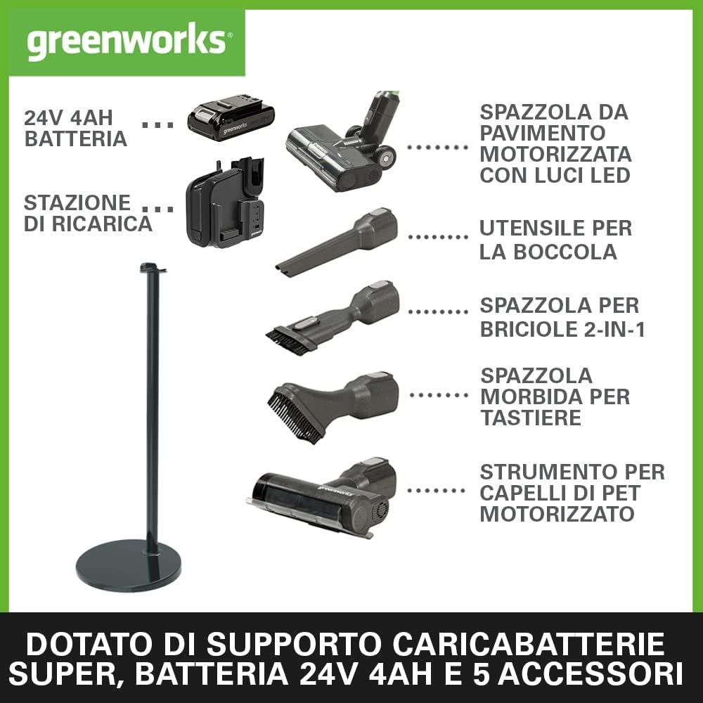 Greenworks GD24SVK4S vacuum cleaner components including main unit, battery, charging station, and various attachments.