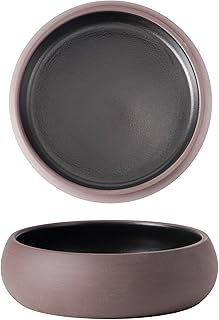 Uaral Ceramic Salad Bowls Set,18 Ounce Black Shallow Bowl Set for Pasta,Dessert or Appetizer,6.5inch,Set of 2(Brown Clay And Black