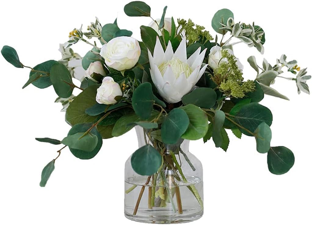 MYUYEE Artificial Flowers Rose Bouquet Simulation Flower Living Room Decoration Glass Vase Hotel Office Bedroom Wedding Arrangement Fake Bouquets(Wit-One Size)