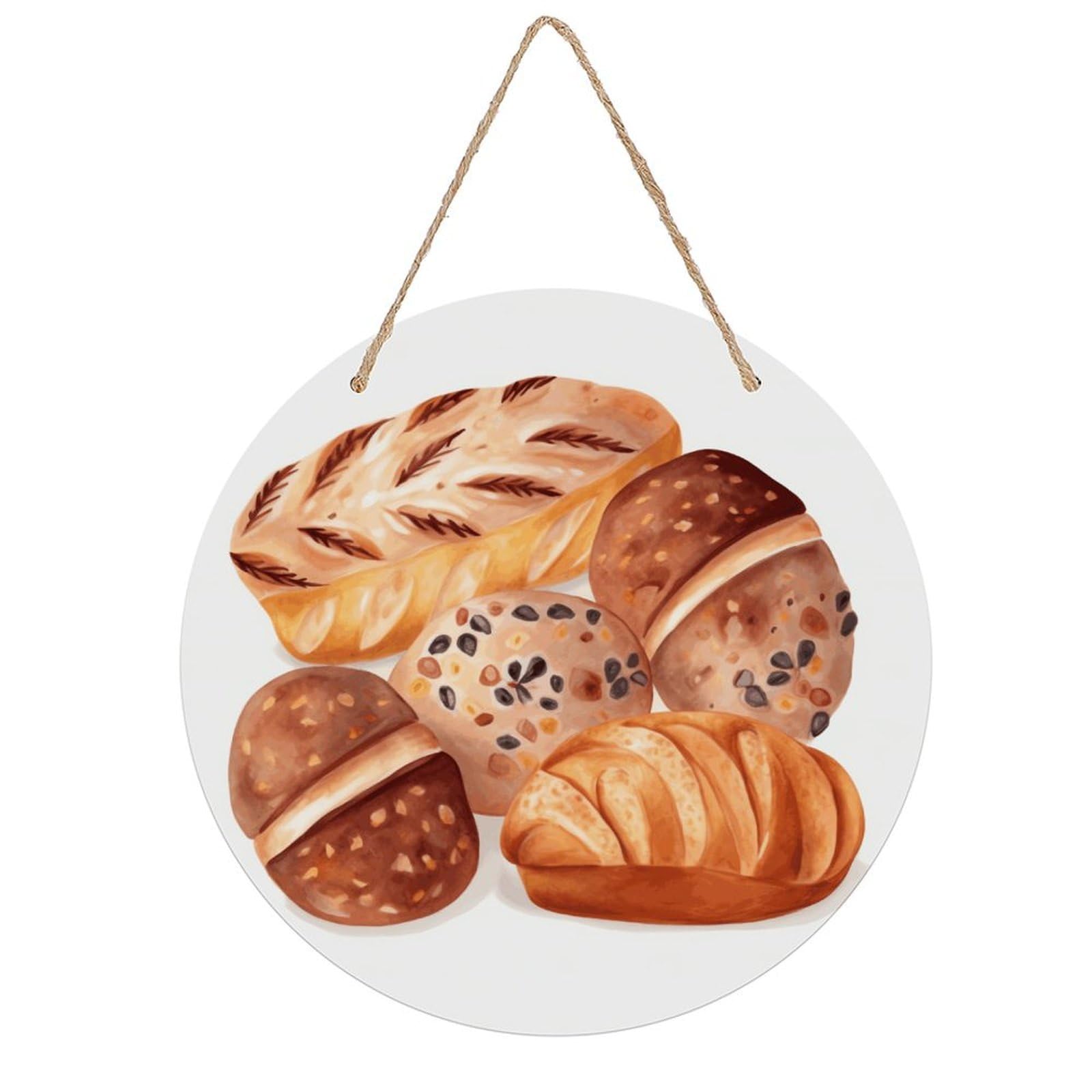 LZQPOEAS Painted Bread Round Wood Wall Art Painting, 7.9 Inch Circular Wooden Door Hanger Decorative Paintings, Rope-Hanging Wooden Wall Plaque for Home Decor And Office Party