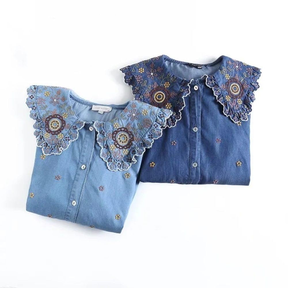 MIDJ Bluse Damen,Elegante Damen Jeanshemdbluse Langarmshirts Rüschen Blumenstickerei Pullover Tunika Business Jeanshemd Lässige Stehkragen Tops für Mädchen