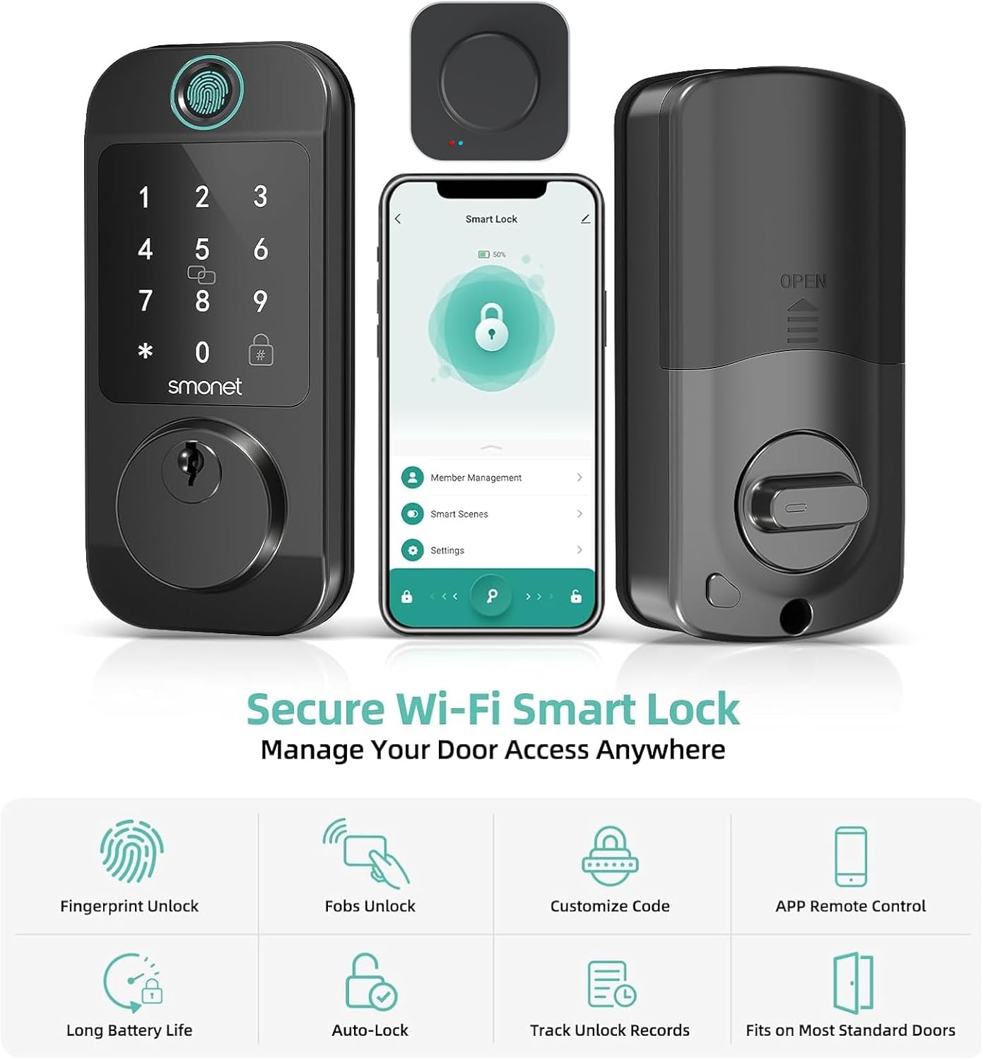 Smart Locks WiFi Deadbolt: SMONET Fingerprint Front Door Lock Keyless Entry with Keypad Electronic Digital Deadbolt Alexa Gateway Remote Control, Bluetooth APP KeyFob Code Auto-Lock for Home, Black