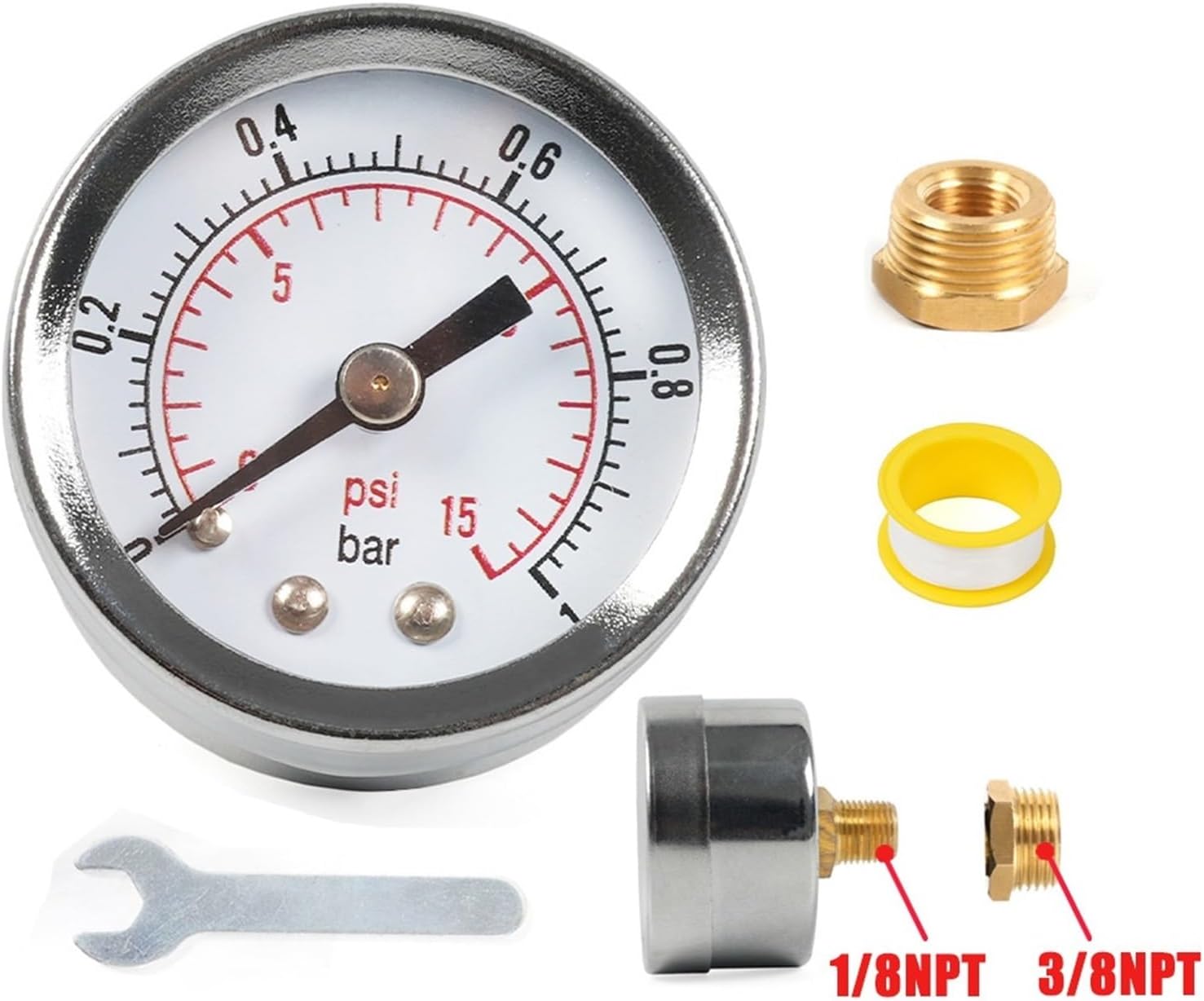 Dry Pressure Gauge Stainless 0-15PSI Fuel Pressure Gauge 1/8NPT 3/8NPT Connector Double Scale Oil Pressure Gauge for Fuel Injections Systems CAP026