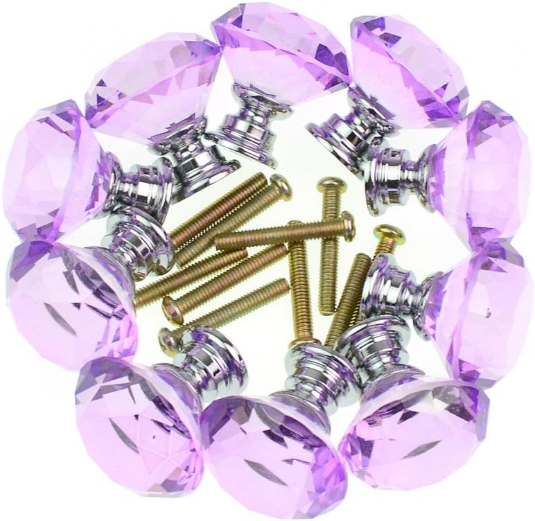 Dxhycc 10pcs Purple 30mm Flat Round Crystal Glass Cabinet Knobs Cupboard Drawer Pull Handles