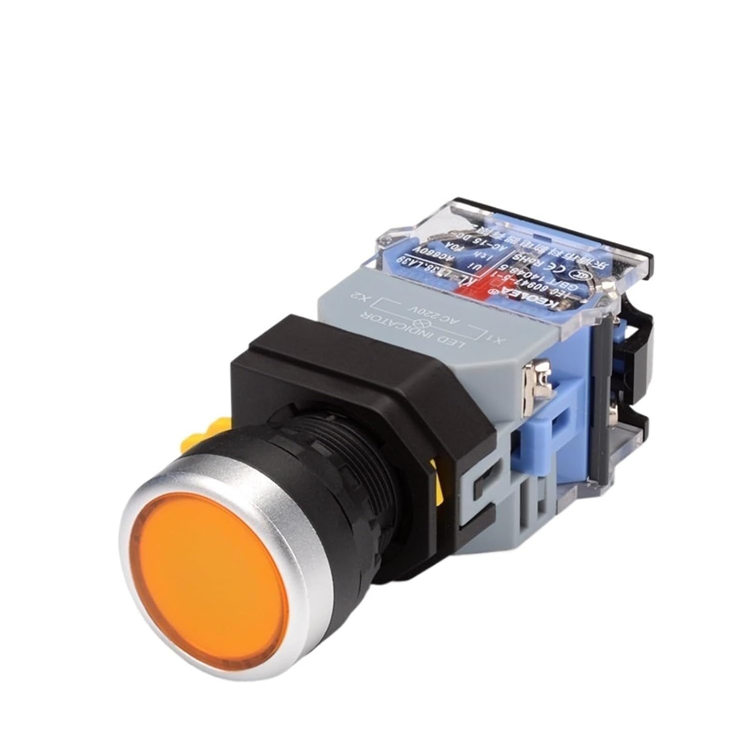 22mm LA38 Lighted Button Switch self-Locking Reset Flat Head inching Switch 24 220V red and Green Start Mushroom knob with Light(with Light (Yellow),Locking,24V)