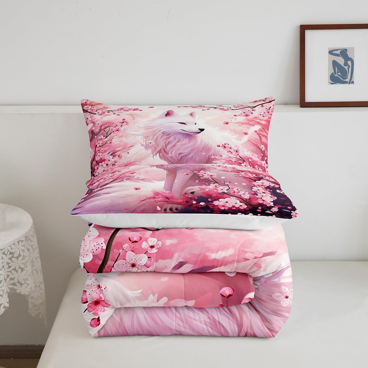 Castle Fairy Pink Fox Comforter Set Twin Size,Pink Cherry Blossom Bedding Set 2Pcs,Wild Animals Plant Quilt for Kids Girls Woman Adult Bedroom Decor,Japanese Style Romantic Duvet Insert,1 Pillowcase