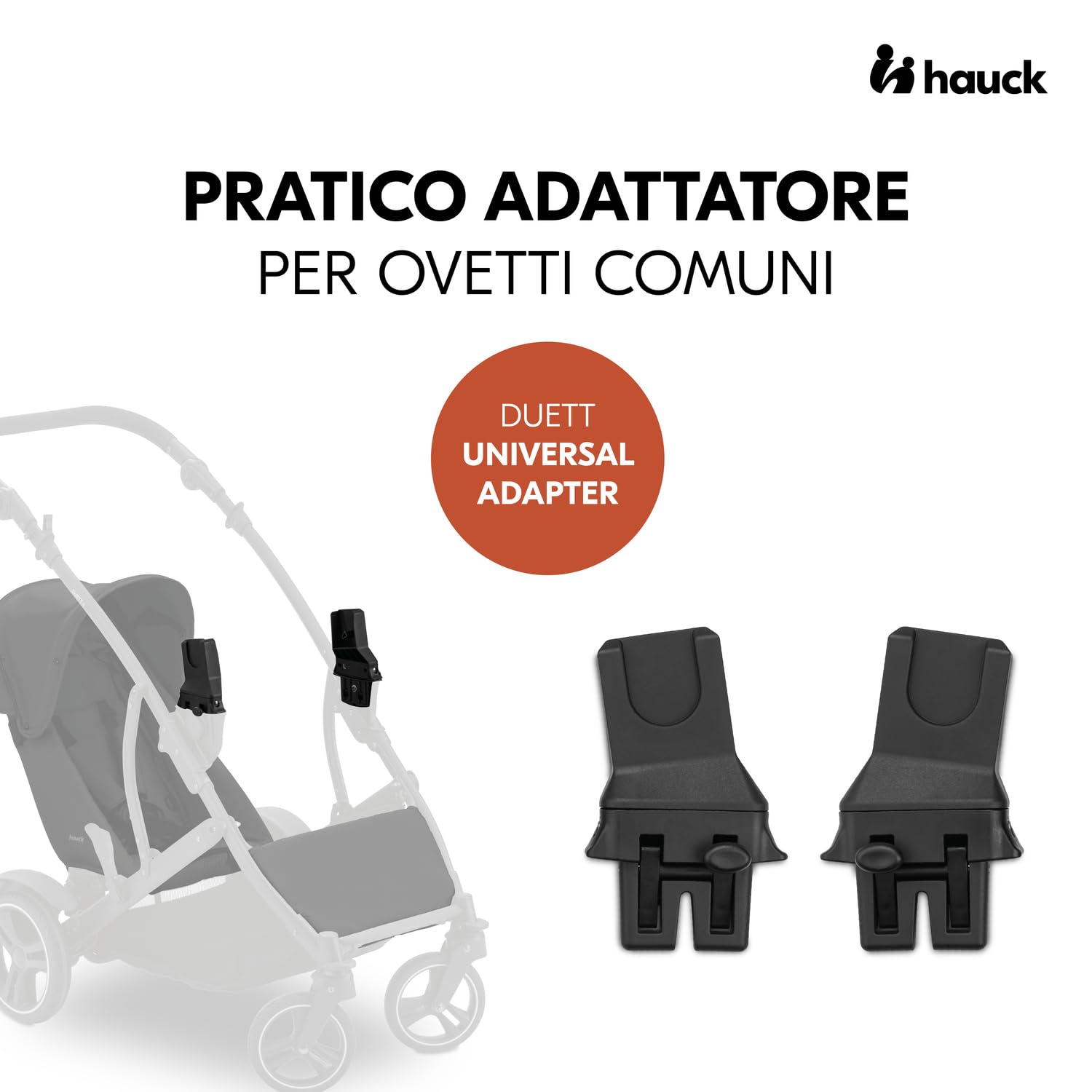 hauck Adattatori Seggiolini Auto Compatibili con Passeggino Gemellare Duett 2 e Duett 4 e Ovetti Selezionati di Maxi Cosi Cybex Joie Kinderkraft (Non Compatibili con Tutti i Modelli) - 1 Coppia, Nero