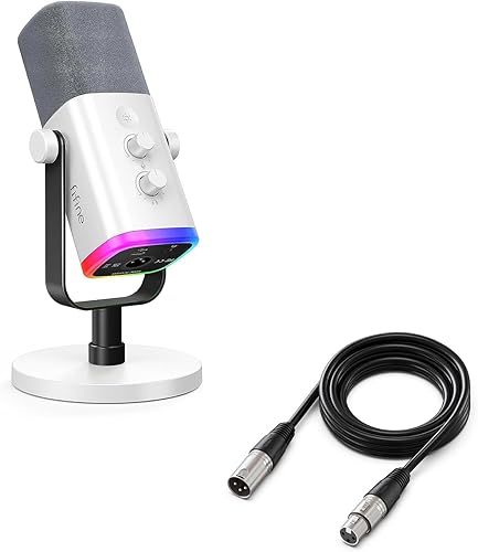 FIFINE Paquete de micrófono para juegos de PC con cable XLR, micrófono USB RGB para computadora para transmisión, juego de cables de audio, cable