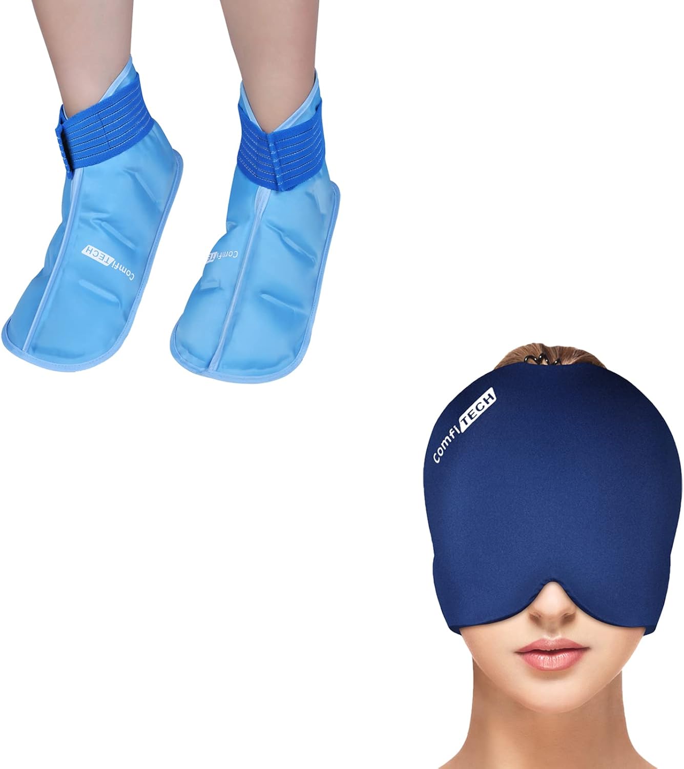 ComfiTECH Migraine Ice Head Wrap, Headache Relief Hat for Migraine (Medium Blue) & Pack of 2 - ComfiTCH Foot Ice Pack Wrap for Plantar Fasciitis (Medium Blue)