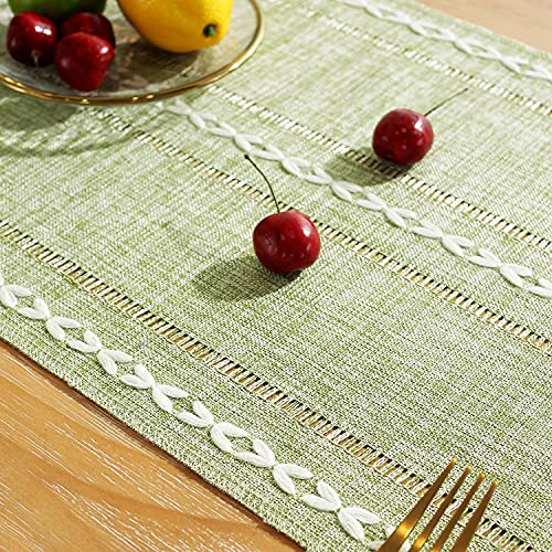 Chassic Rustic Farmhouse Style Linen Table Runner, Boho Handmade Tassel Embroidered Table Runners 108 Inches Long For Holiday Party, Christmas And Dining Decorations, 13 X 108 Inch - Sage Green #TOP3