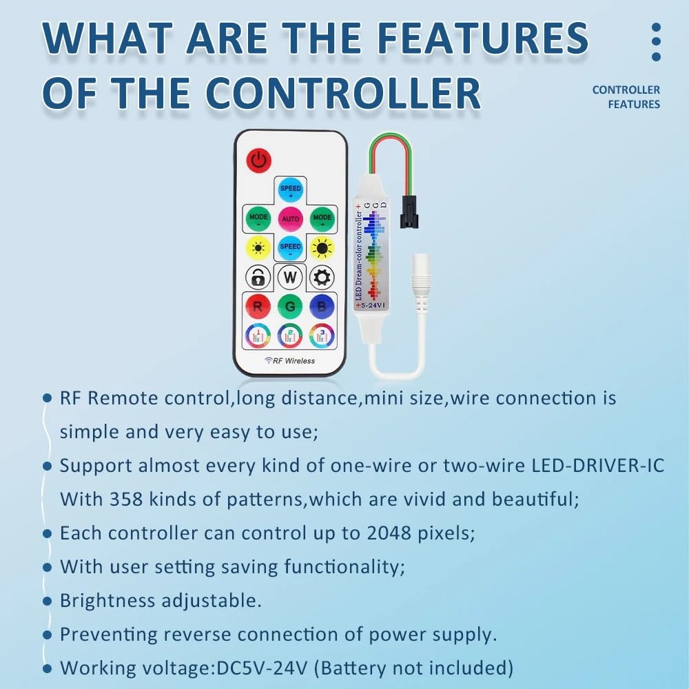 WS2811 WS2812B W2815 RGB LED Controller Pixel USB DC RF14/17 Tasti Wireless SPI Led Nastro di Controllo Remoto USB DC 5 V 12 V 24 V (Color : DC RF 17K LOCK)