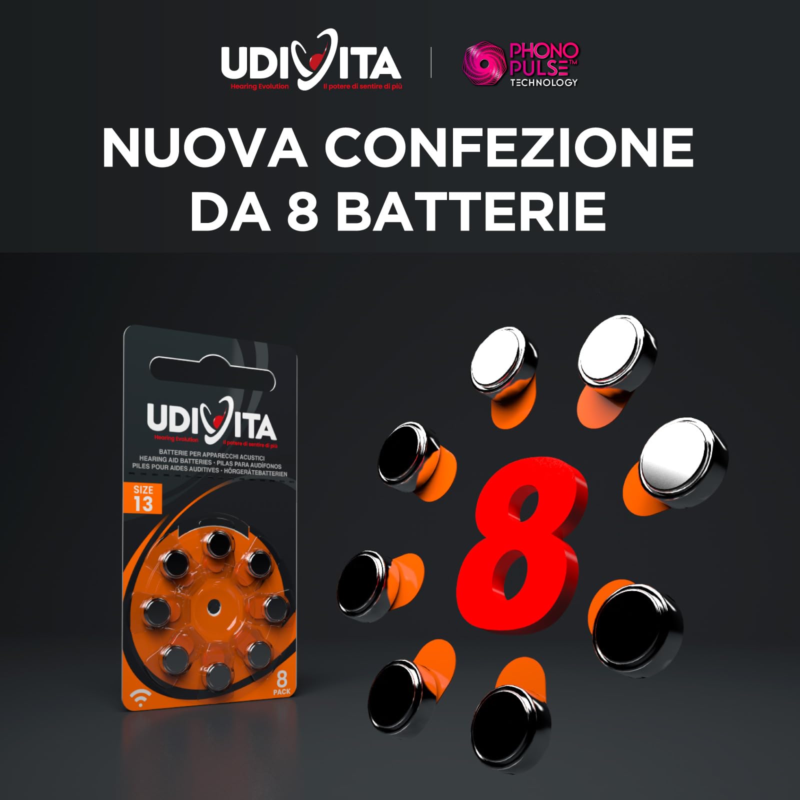 120 Batterie per Apparecchi Acustici Udivita Misura 13 (Arancioni) PR48 con Phono Pulse Technology - 15 Blister da 8 Pile