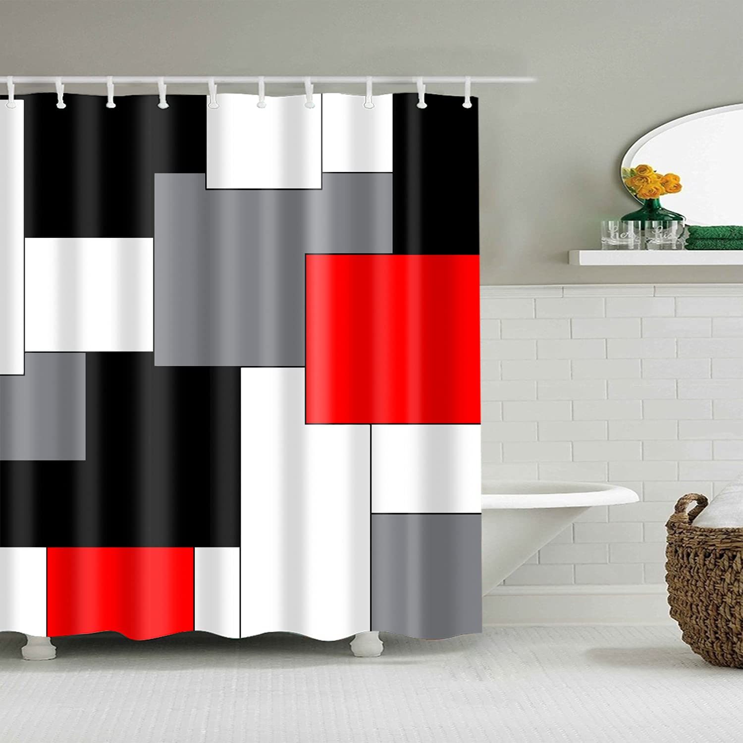 BOYOUTH Black,Grey,Red,White Geometry Pattern Digital Print Shower Curtain for Bathroom Decor,Polyester Waterproof Fabric Bath Curtain with 10 Hooks,59x70 Inches,Multicolor