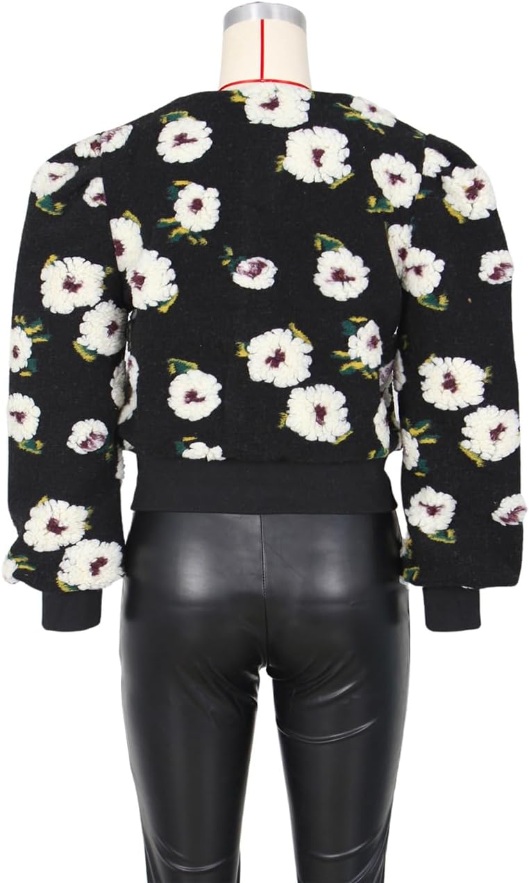 Women's 3D Flower Cropped Bomber Jacket Button Down Varsity Jackets - Image 5