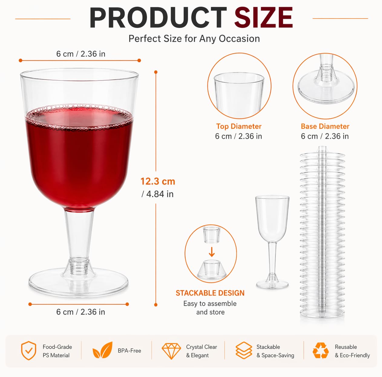 YAYODS 96 bicchieri da spumante in plastica, 175 ml, riutilizzabili, in plastica, trasparenti, da cocktail, impilabili, per matrimoni, feste, serate