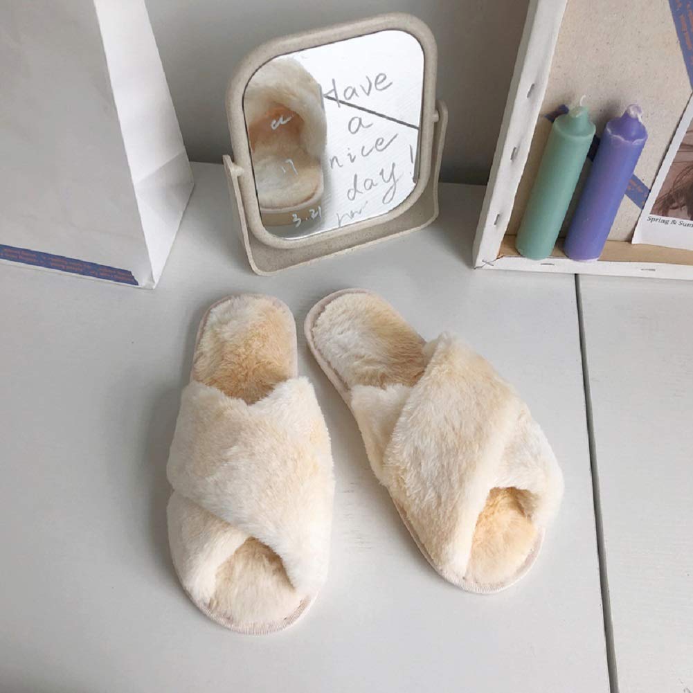 Women's Cross Band Fluffy Slippers - Winter Warm Plush Indoor/Outdoor House Shoes | White US 6-6.5 - View #2