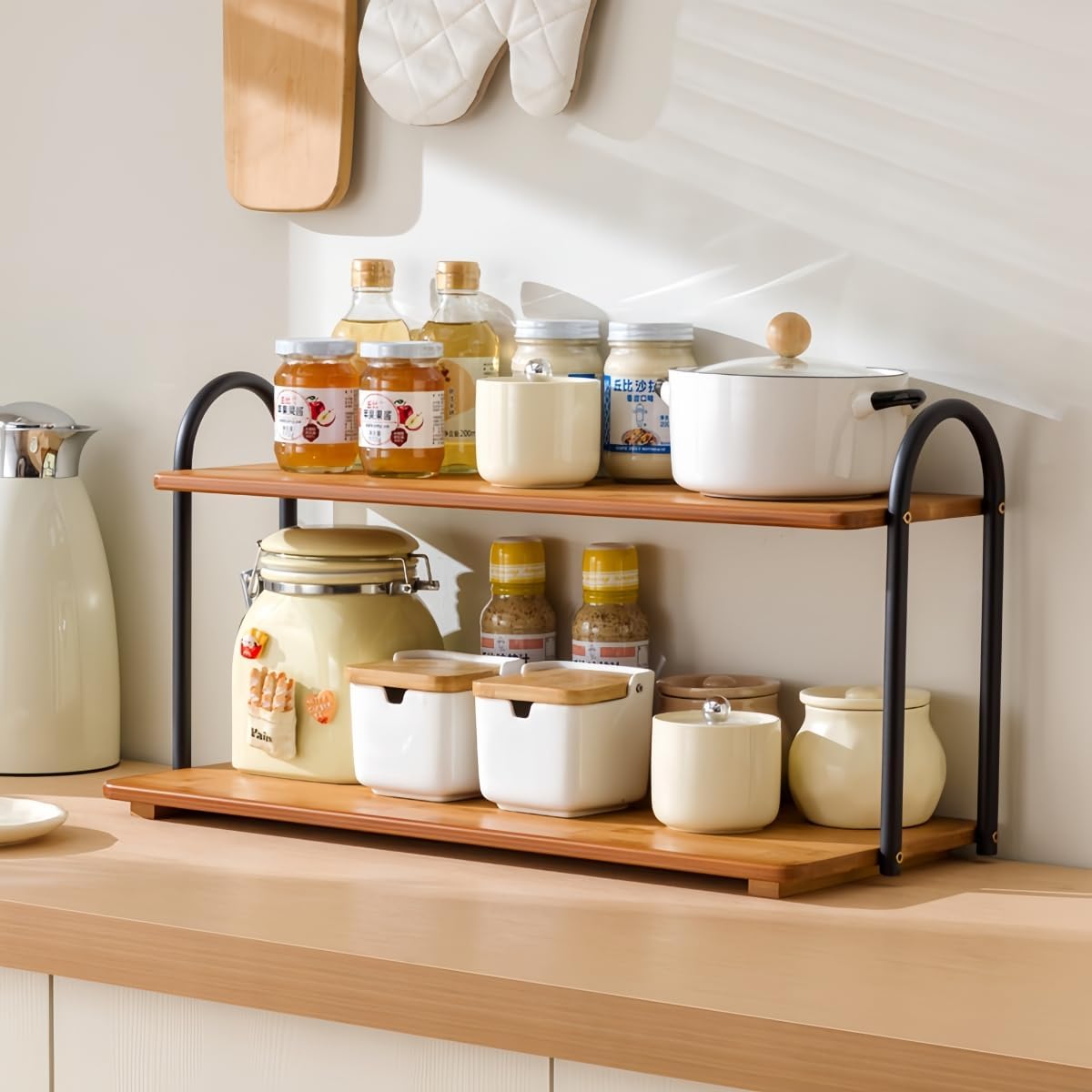 Natural Bamboo Coffee Station Organizer, 2-Tier, Tea Color