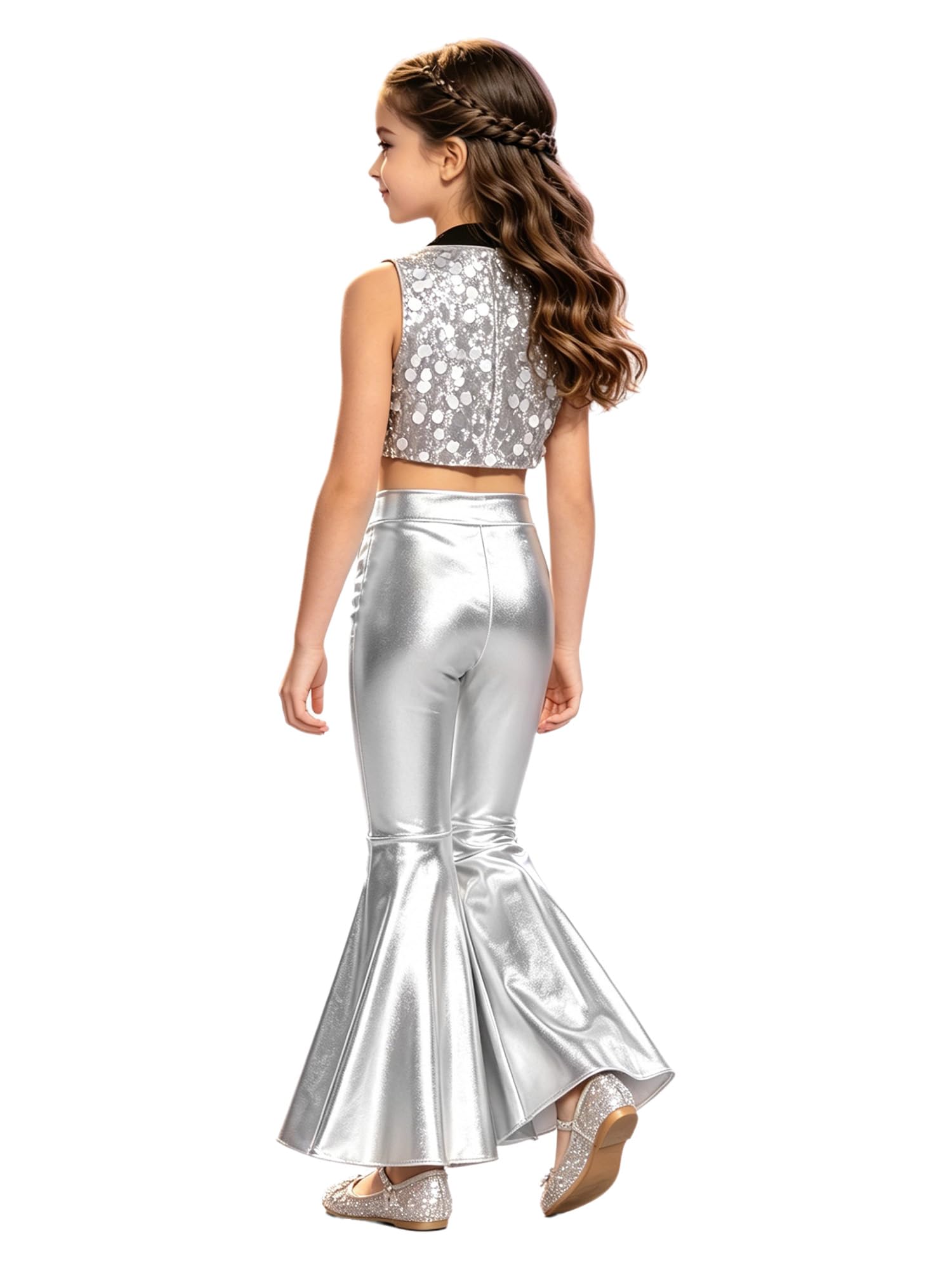 Niños Camisetas Sin Mangas Pantalones a Campana Divididos Chaleco Lentejuelas Niñas Top Fiesta Disco Plata 15-16 años