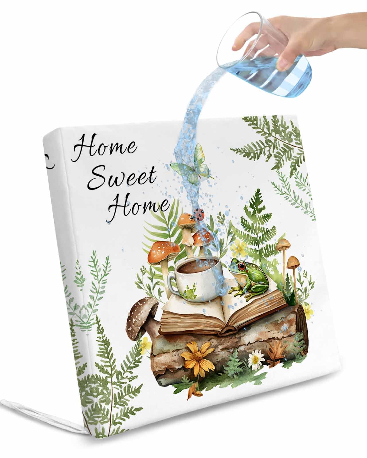 2 Pack Green Frog Waterproof Cushion Covers with Ties, Outdoor Patio Chaise Lounge Chair Seat Cushion Slip Covers Replacement(Only Cover) Botanical Plant Butterfly Coffee Flower 22