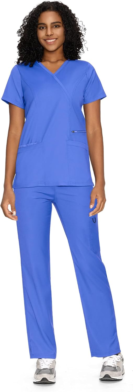 COZYFIT Scrubs for Women - Mock Wrap Top & Straight Leg Pants with 6 Pockets, Back Princess Seams, Soft Fabric