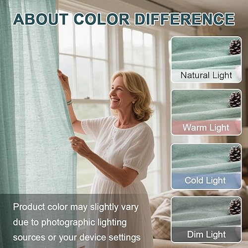 Miniatura 6 de Turquoize cortinas semitransparentes con ojales para cortinero, paneles de cortina de lino natural mezclado, cortinas transparentes para dormitorio