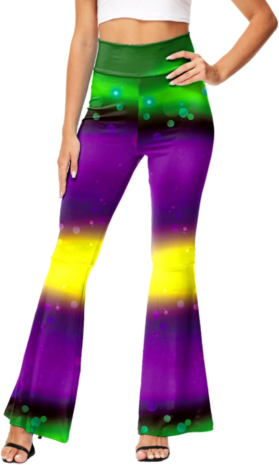 AOBUTE Womens Mardi Gras Bell Bottoms Purple Green Yellow High Waist Flare Pants