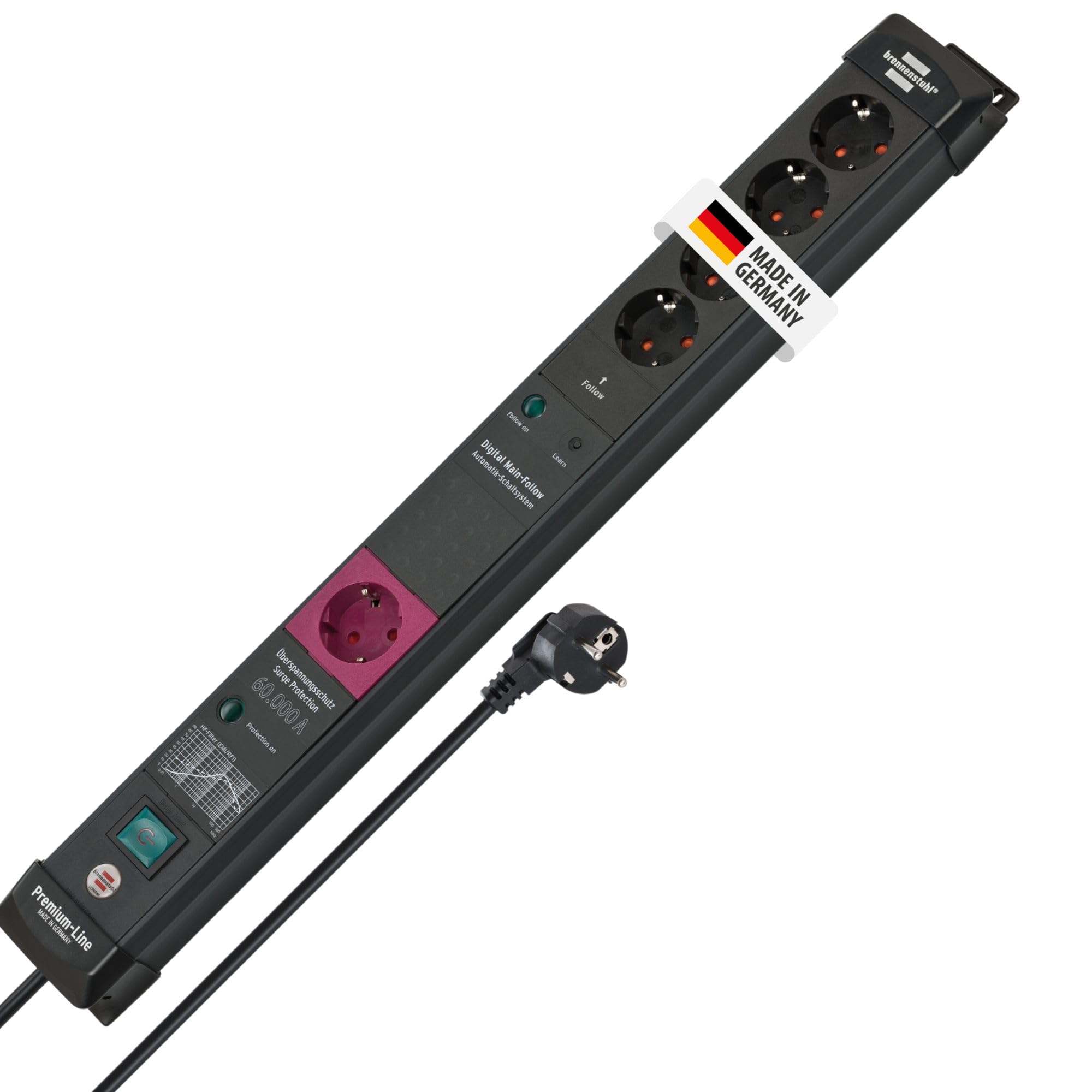 Brennenstuhl Premium-Line Steckdosenleiste 5-Fach mit Überspannungsschutz und Main-Follow Funktion (Mehrfachsteckdose mit Schalter und 3m Kabel, Steckdosenleiste Wandmontage, Made in Germany) schwarz