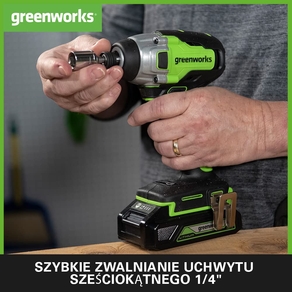 Greenworks GD24ID3 Akumulatorowa Wiertarko-Zakrętarka Udarowa, Bezszczotkowy Silnik, 2800 obr./min, 4000 obr./min, Obrót 300 Nm 1/4" Sześciokątny Uchwyt BEZ Baterii i Ładowarki 24V